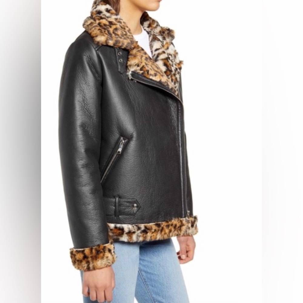 Sam Edelman Black Faux Leather Jacket with Leopard Trim - Picture 2 of 10